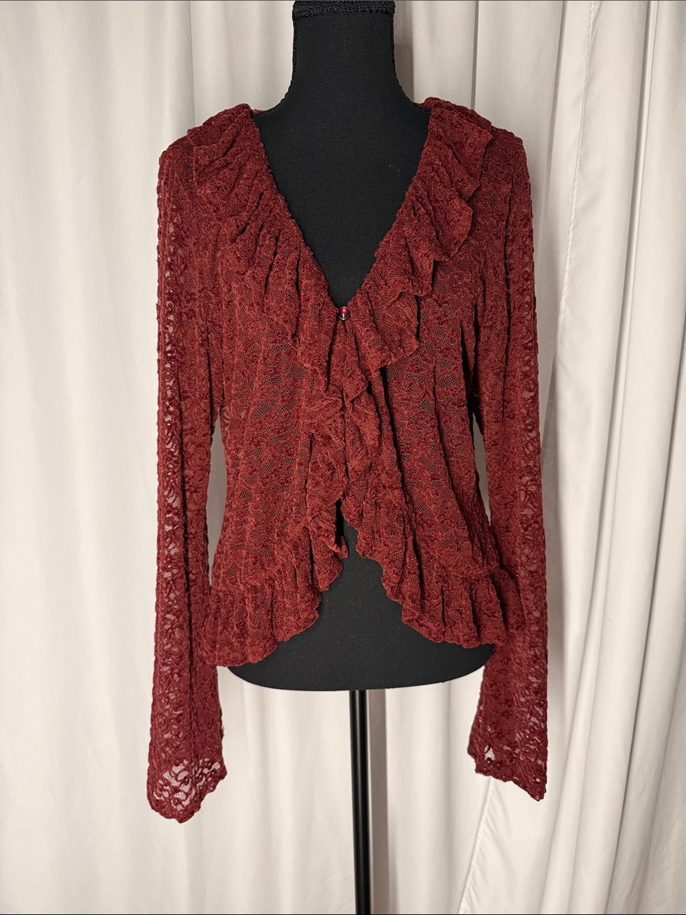 wild fable Burgundy Crochet Ruffle Cardigan